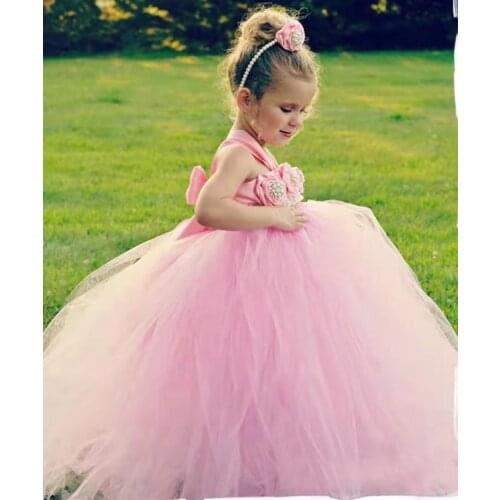 Girls Pink Roses Flower Tutu Dress Kids Crochet Straps Dress Ball Gown with Pearl Hairbow Children Party Costume Princess Dress