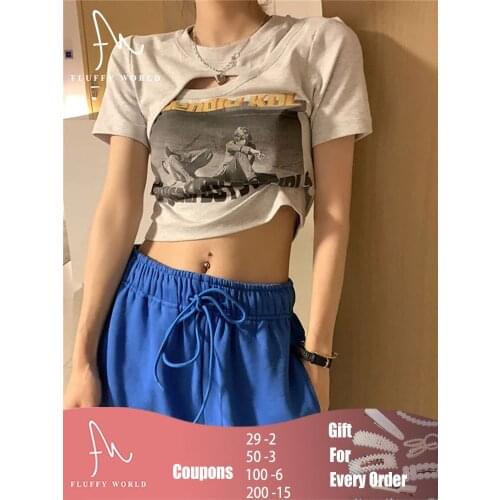 Summer Fashion Printing Hollow Out Crop Tops Short Sleeve T-shirts Clothes Shirt Vintage Irregular Clothing Tees Dropshipping