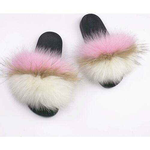 Fashion Fur Flip Flops Women Slippers Furry Raccoon Fur Slides For Women Soft Sandals With Fur Flip Flops Ladies Slipper