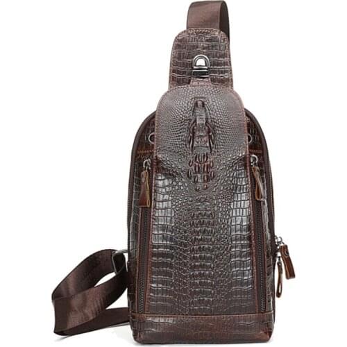 Men Leather Sling Day Pack Chest Bag Crocodile Grain Pattern Travel Cross Body Messenger Shoulder Packet Vintage Pouch