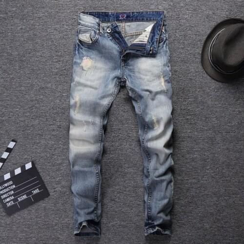 Men Jeans Light Blue Slim Fit Destroyed Ripped Jeans For Fashion Streetwear Embroidery Patch Design Vintage Classical Jeans