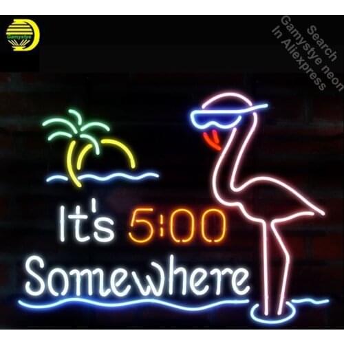 Neon Sign for Its 5 O'clock Somewhere Pink Flamingo neon bulb Sign Neon lights Sign glass Tube Iconic Custom Design Night Light