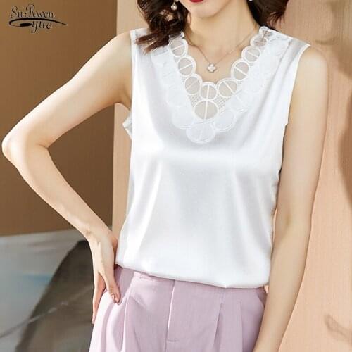 Solid V-neck Stretch Lace Shirt Casual Sleeveless Loose Summer Tops Plus Size V-neck Embroidery Satin Blouses Shirts Women 13732