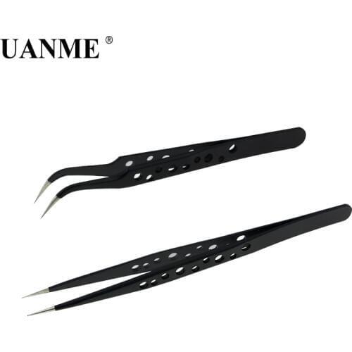 UANME Stainless Steel Anti-static Tweezers Tools ESD Precision Curved Straight Tip Forceps