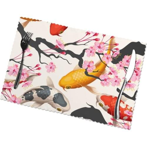 Tableware Pad Placemats 6 Pcs Table Mat Non-Slip Koi Fish And Sakura Cherry Pattern Placemats for Dining Table