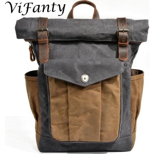 Waxed Canvas Backpack, Fintie Water Proof Roll Top Travel Hiking Rucksack Leather Daypack for School Work Men Women