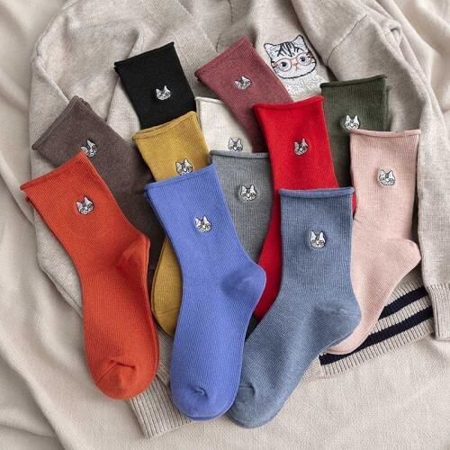 Cartoon Animal Big Head Embroidery Cotton Women Socks High End Quality Soft Crew Socks Autumn Winter Fashion Kitty Cat Socks