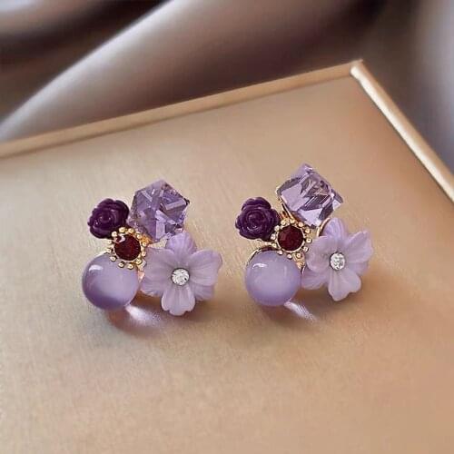 Court Style Retro Purple Crystal Ppal Flower Earrings For Woman Elegant and Sweet Accessories For Korean Fashion Jewelry Girls