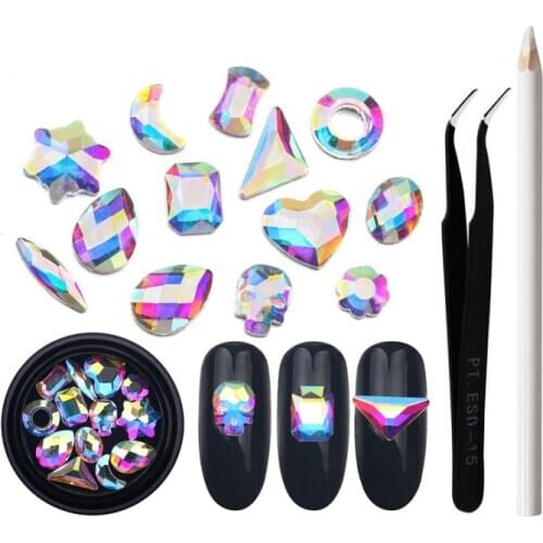 1box AB Flatback Glass Heart Nail Rhinestones Diamond Horse Eye Crystals Stones Shiny Gems Manicure Tools Nails Art Decorations