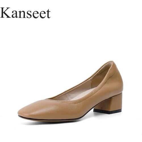 Kanseet New Women Pumps Spring Autumn Concise High Quality Genuine Leather Sweet Handmade Round Toe Shallow 4cm Mid Heels Shoes