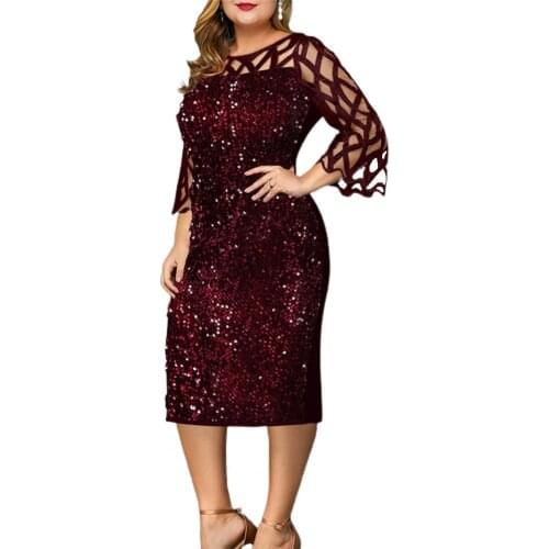 Plus Size Party Dress Women Elegant Summer Shiny Patchwork Hollow Out Sequined Bodycon Dresses Banquet