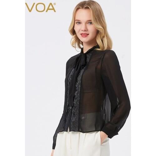 VOA Silk 12m/m Micro Penetration Georgette Floating Lead Eyelash Lace Long Sleeve Single-Breasted Slim Shirt BE56