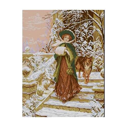 Top Quality Beautiful Lovely Counted Cross Stitch Kit Winter Walk Snow Girl and Dog Puppy