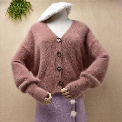 Ladies women fashion Fall Winter mink cashmere knitted short style cropped v-neck loose cardigans angora fur jacket coat sweater