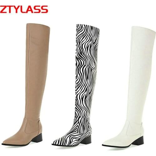 2021 New Autumn Winter Women Boots Comfort Low Heel Over The Knee Boots Ladies Zipper Pointed Toe Striped Long Boots Black