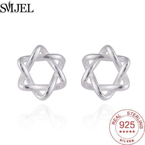 SMJEL 925 Sterling Silver David Star Stud Earrings Knot Stars Tiny pendientes For Women Girl Homme Bijoux Piercing Ear Jewelry