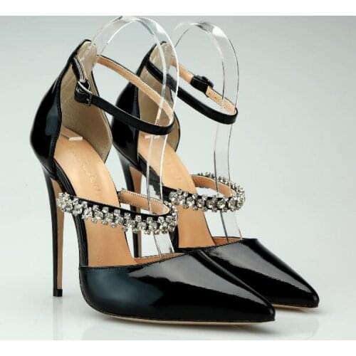 Elegant woman black patent leather pointed toe crystal chain buckle high heel shoes rhinestone high heel woman shoes real photo