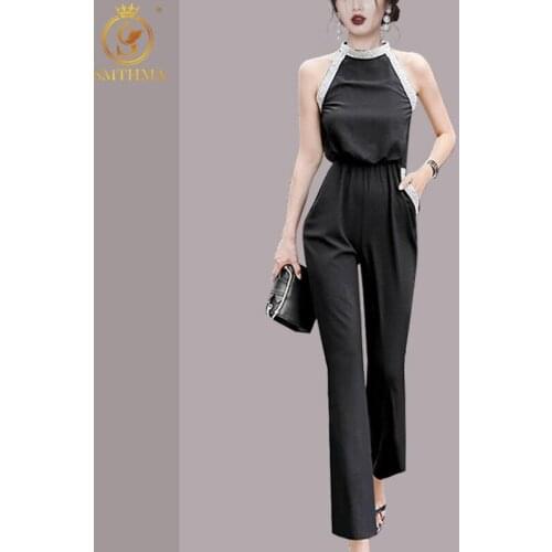 SMTHMA Summer New Women Beading Jumpsuit Fashion Sleeveless Casual O-Neck Pocket Women Rompers Black Jumpsuits