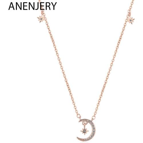 ANENJERY 925 Sterling Silver Simple Fashion Moon Star Clavicle Chain Necklaces Micro Zircon Necklace For Women Jewelry S-N476