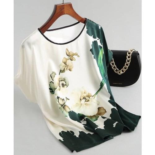 2021 Summer Casual Women Silk Satin Blouses Plus size Batwing sleeve T-Shirt Vintage Print Blouse Lady Elegant Short Sleeve Tops
