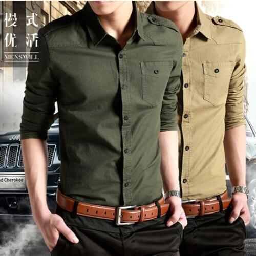 2020 Men Causal Dress Shirt Cotton,mens Army Long Sleeve Slim Shirts Military Khaki Shirts Green Fit Military Style Male Shirts