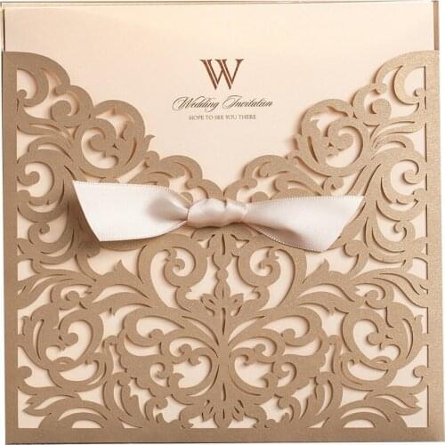 50pcs Gold Square Laser Cut Wedding Invitations Card Paper With Bowknot for Engagement Party Birthday Baby Shower Bridal Shower