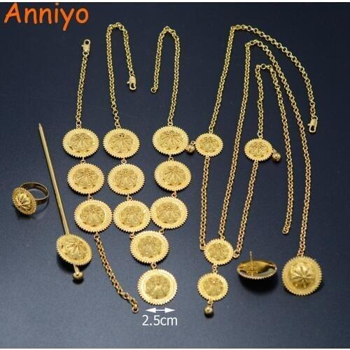 Anniyo Gold Color Ethiopian Necklace Earrings Ring Hair Pin Forehead Chain Bracelet Jewelry Africa Wedding Eritrea sets #046202