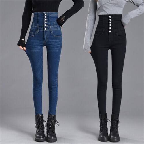 Free Shipping Womens 2020 Spring and Autumn New High Waist Breasted Skinny Jeans Girls Fashion Stretch Elastic Boot Pants