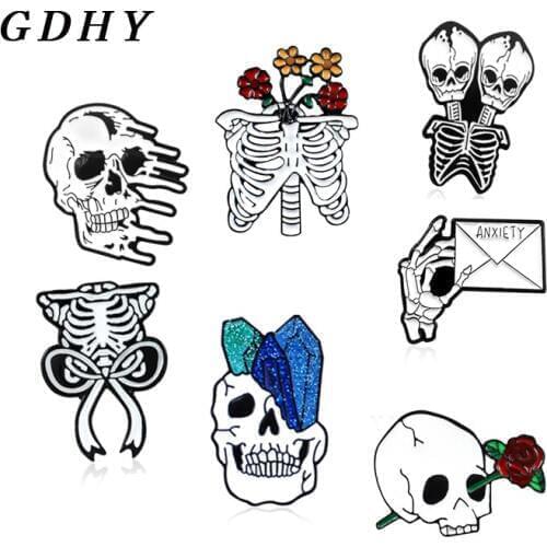 GDHY Skeleton Brooches Skull Hand Bones Finger Crystal Column Sternum skeleton Crystal Enamel Pins Column Gothic Jewelry Unisex