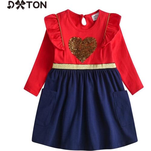 DXTON Baby Girls Clothing Winter Kids Dresses Fly Sleeve Cotton Toddler Girls Dress Red Patchwork Heart Sequin Children Dresses