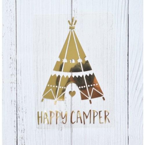 Happymems Happy Camper Iron On Patches Gold foil Iron On Patches For Art Clothes Decoration tent Iron On Patches