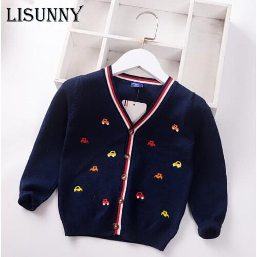 LISUNNY Boy Cardigan Sweater 2021 Spring Autumn Embroidery car Children Knitted Cardigans V-Neck Baby Clothes Kids Sweaters Coat