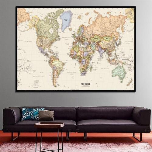 A2 Size World Map Mercator Projection Detailed Map Of Major Cities In Each Country Vinyl Spray Painting Bedroom Wall Decor Map