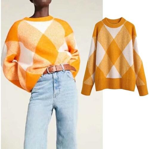 Klkxmyt Za Women Sweater 2021 Autumn Argyle Jacquard Sweater Woman Fashion Oversize Sweaters Long Sleeve Pullover Ladies Sweater