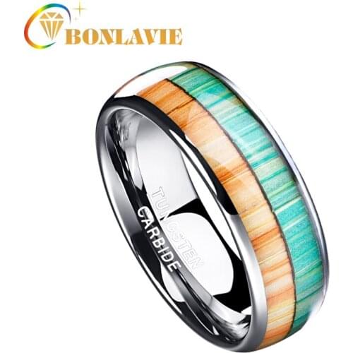 BONLAVIE 8mm Width Polishing Inlay Orange Green Colors Wood Grain Dome Tungsten Steel Men Ring High Quality Trendy Male Jewely