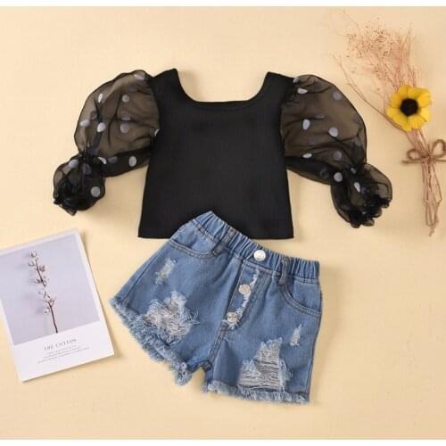 Menoea 2021 Baby Girls Summer Outfits Fashion Casual Polka Dot Mesh Bubble Sleeve Top Buttons Ripped Denim Shorts 2Pcs Suit Set