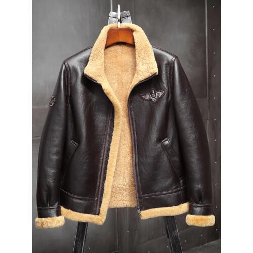 2019 New Mens Brown B3 Shearling Jacket Thicken Sheepskin Coat Winter Fur Coat Mens Leather Jacket Motorcycle Jacket