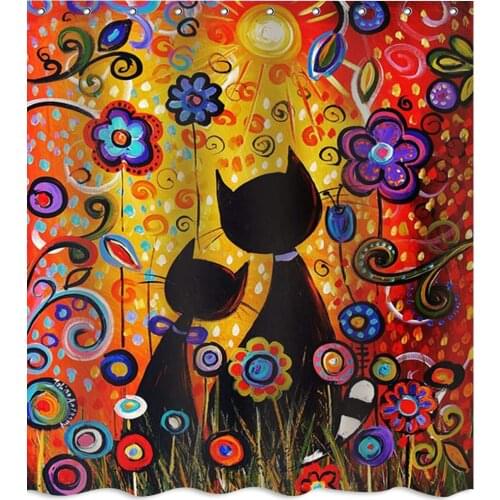 Cute Cat Couple Flowers Fairy Fabric Shower Curtain Sets Bathroom Decor with Hooks