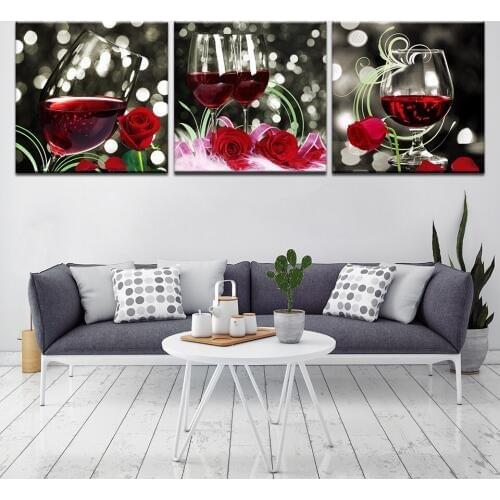 Wine and red rose flowers romantic modern Modular 3 panel wall Poster Nordic Canvas painting for Living Room Home Decor