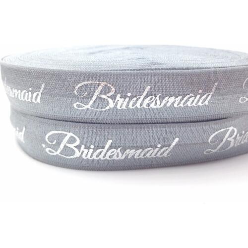 New Arrived Silver Bridesmaid Print Fold Over Elastic 5/8" Grey FOE Ribbon 10yards/lot for Wedding Head wear Hair Accessories