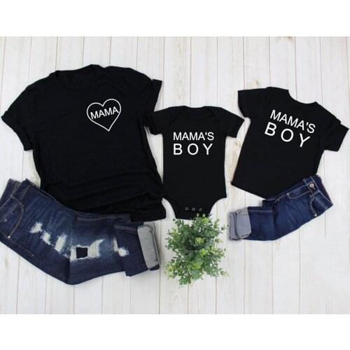 Mommy and Me Family Clothes Baby Romper Kids T Shirts Tee Mama and Mamas Boy Print Mom and Son Matching Short Sleeve T-shirt
