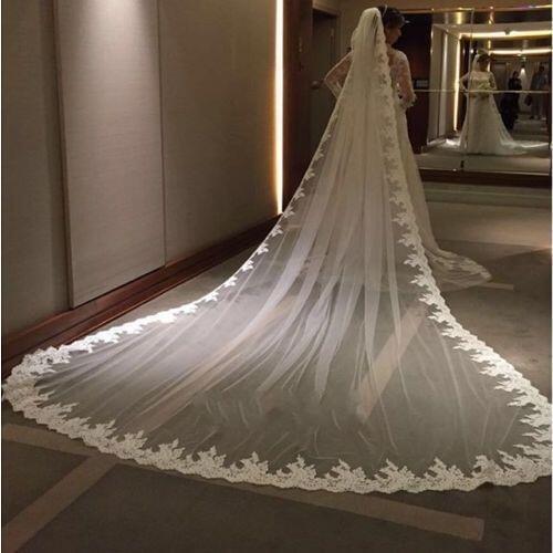 1 layer lace applique cathedral veil wedding veils Bridal Accessories white comb length