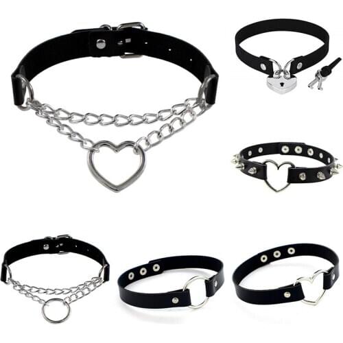 Gothic Punk Necklace Round Lock Heart PU Leather Choker Lady Collares Key Jewelry for Women Necklaces Accessories Gift