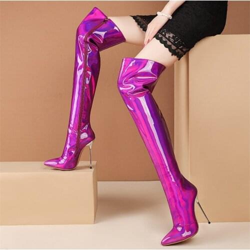 Sexy Party Booties Womens Patent Leather Over the Knee Boots Thigh High Heels Riding Party Pumps 33 34 44 45