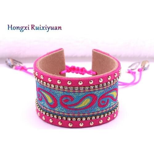 Bohemian Style Adjustable Leather Bracelet Retro Pattern Crystal Rhinestone Red Womens Bracelet Fashion Party Wrist Jewelry