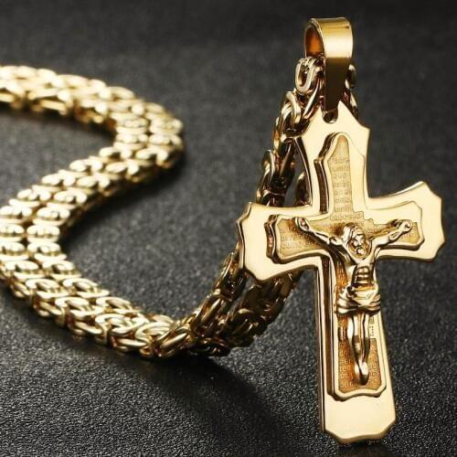 Religious Catholic Crucifix Jesus Cross Necklace for Men Gold Color Cross Pendent with Bible Necklace Men Jewelry Gifts