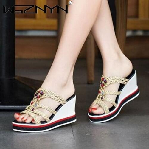 Latform Wedges Slippers Women Weaving Sandals 2021 New Female Shoes Fashion Heeled Shoes Casual Summer Slides Slippers Women