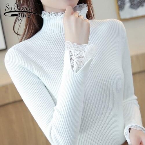 Spring Half-high Collar Sweater Women Slim Short Paragraph Bottoming Sweater Solid Color Lace Thickening Inside Sweater 7569 50