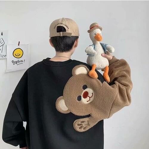 Cute Bear Sweatshirt Couple Clothes Harajuku Long-sleCeved Pullover Patchwork Japanese Street Sweatshirt Hip-hop Mens Clothes