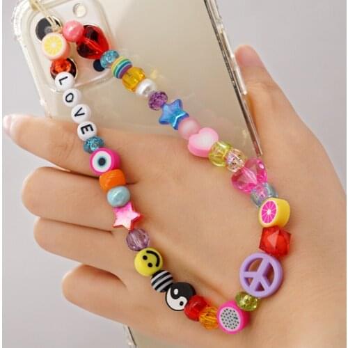 Phone Straps Colorful Acrylic Beaded Chain Phone Charm Beads Mobile Lanyard Fruit Sweet Star Smiley Telephone Jewelry